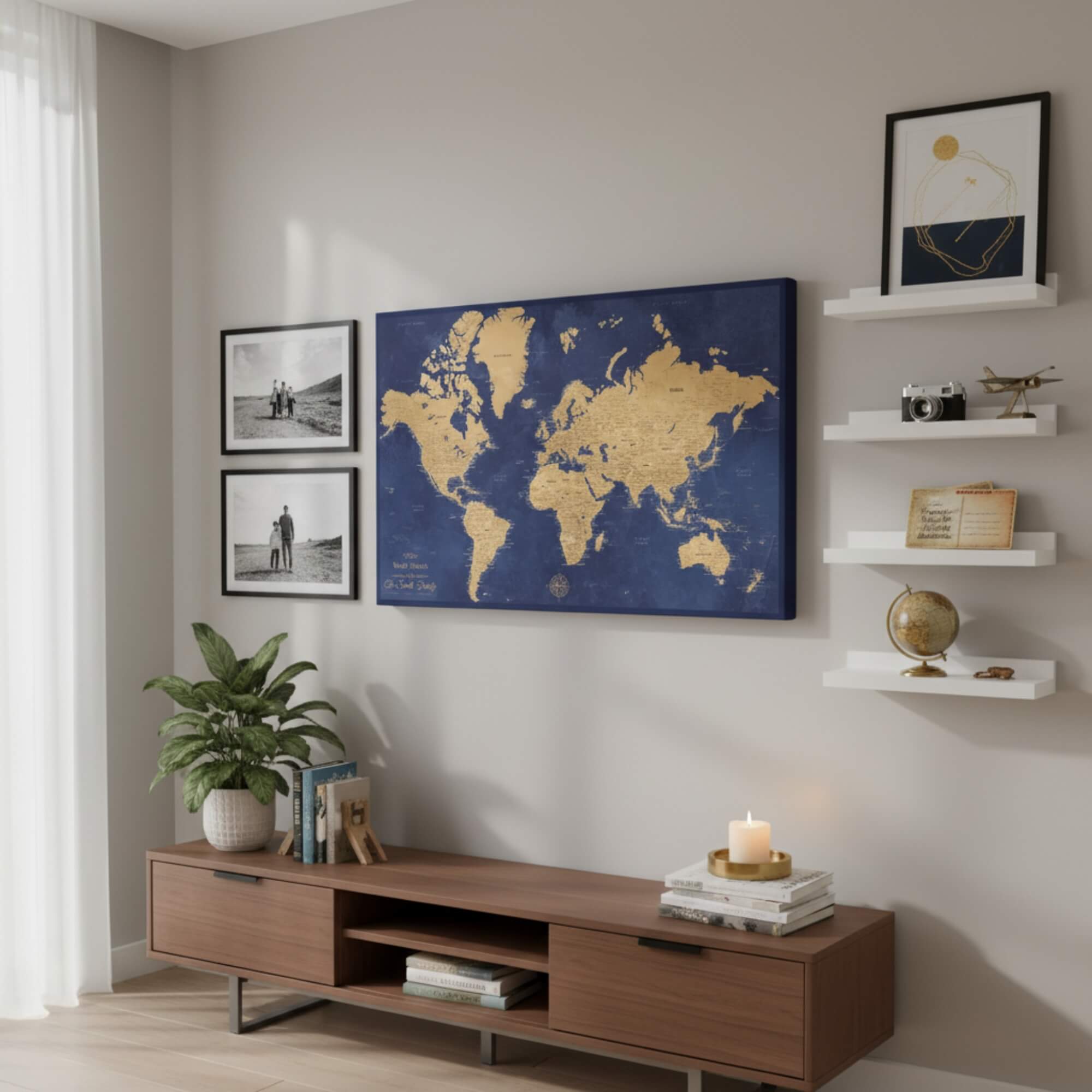 Gallery Wrapped - Gold & Navy World Travel Map with pins