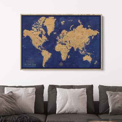Canvas - Gold & Navy World Travel Map with pins