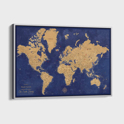 Canvas - Gold & Navy World Travel Map with pins