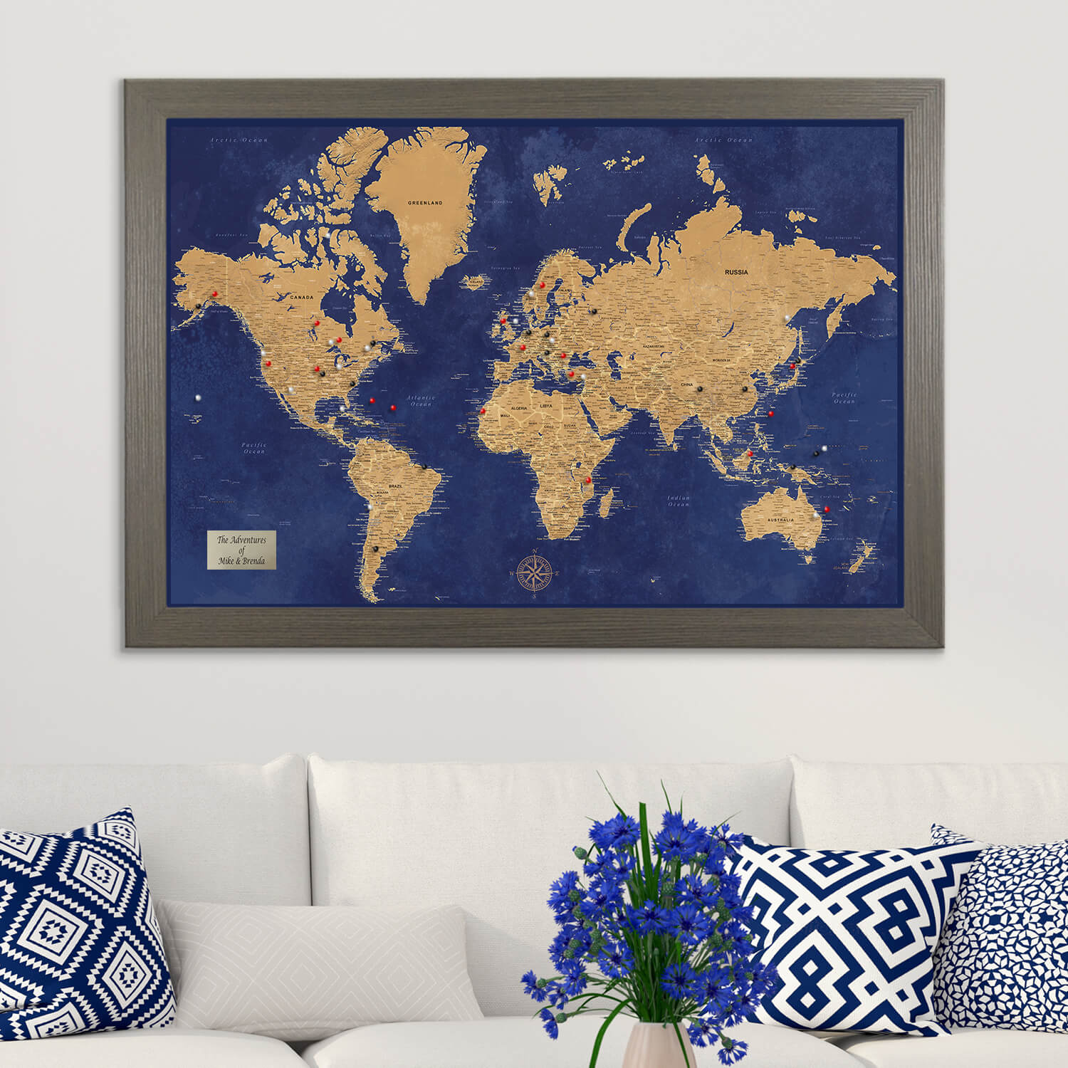 Navy and Gold World Pin Map in Barnwood Gray Frame