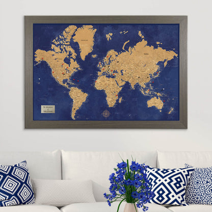Navy and Gold World Pin Map in Barnwood Gray Frame