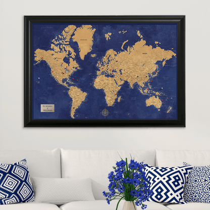 Navy and Gold World Pin Map in Black Frame