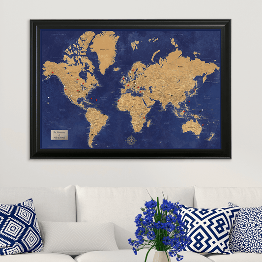 Navy and Gold World Pin Map in Black Frame