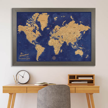 Canvas Gold & Navy Push Pin Travel Map in Barnwood Gray Frame
