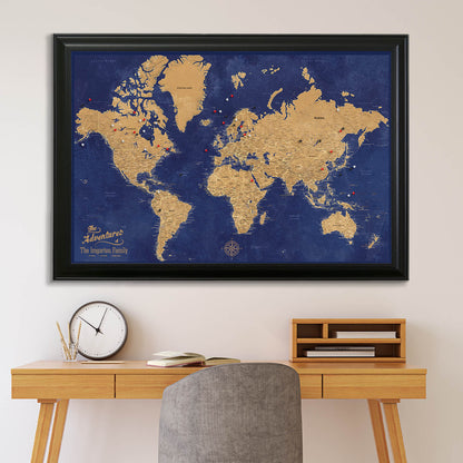Canvas Gold & Navy Push Pin Travel Map in Black Frame