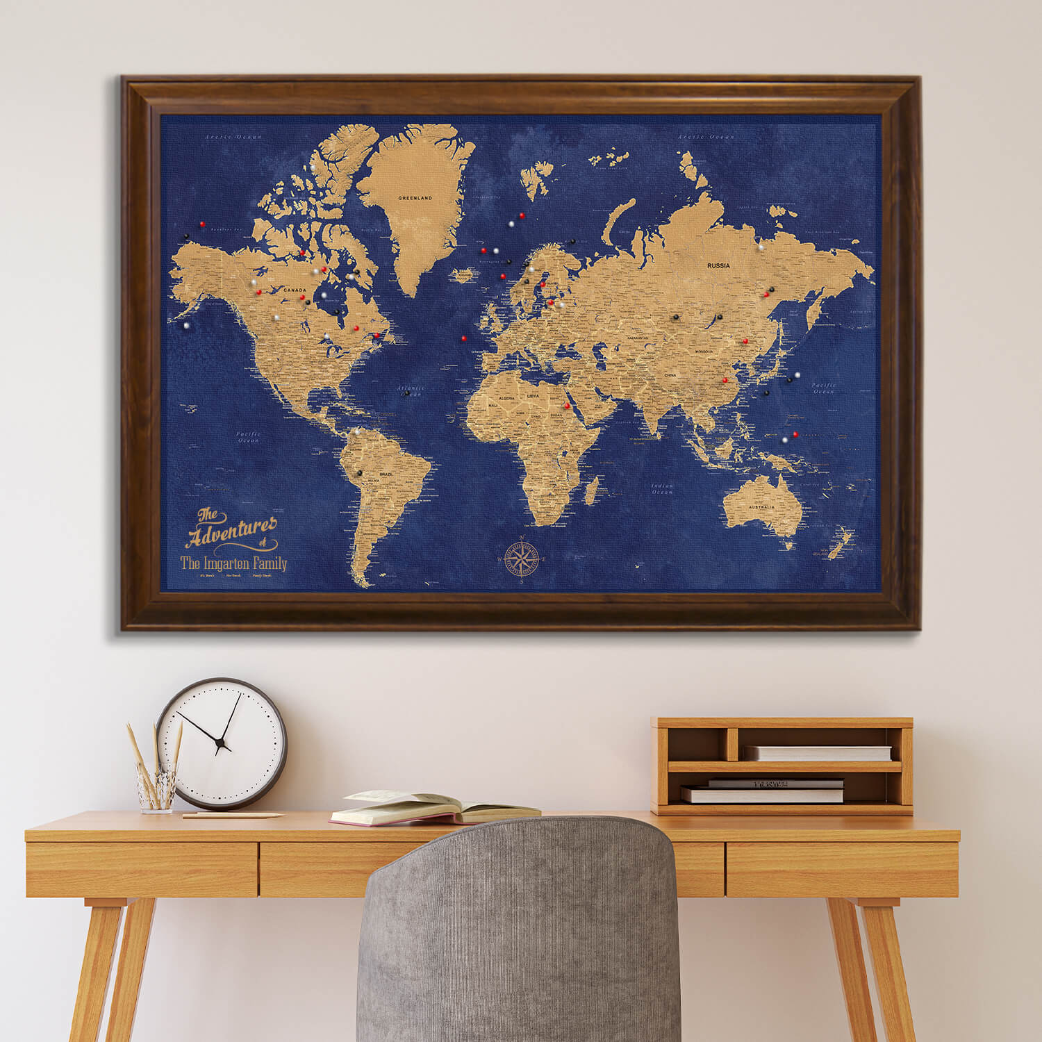 Canvas Gold & Navy Push Pin Travel Map in Brown Frame
