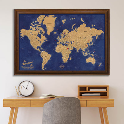 Canvas Gold & Navy Push Pin Travel Map in Brown Frame