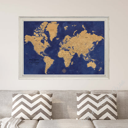 Canvas Gold & Navy Push Pin Travel Map in Premium Brimfield White Frame