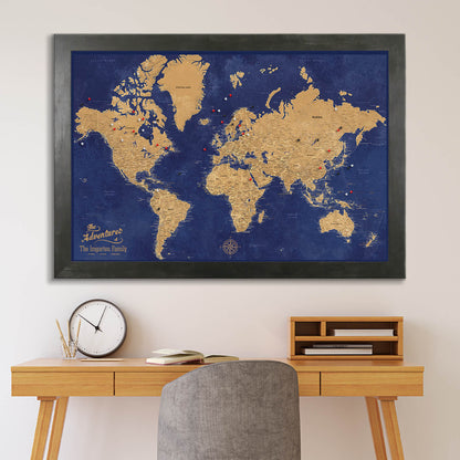 Canvas Gold & Navy Push Pin Travel Map in Rustic Black Frame