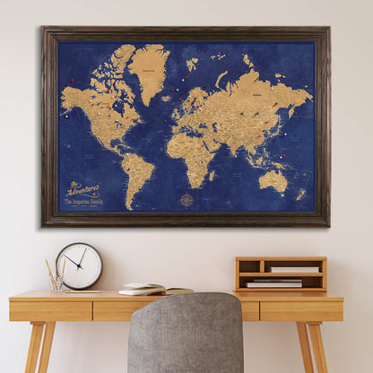 Canvas Gold & Navy Push Pin Travel Map in Solid Wood Brown Frame