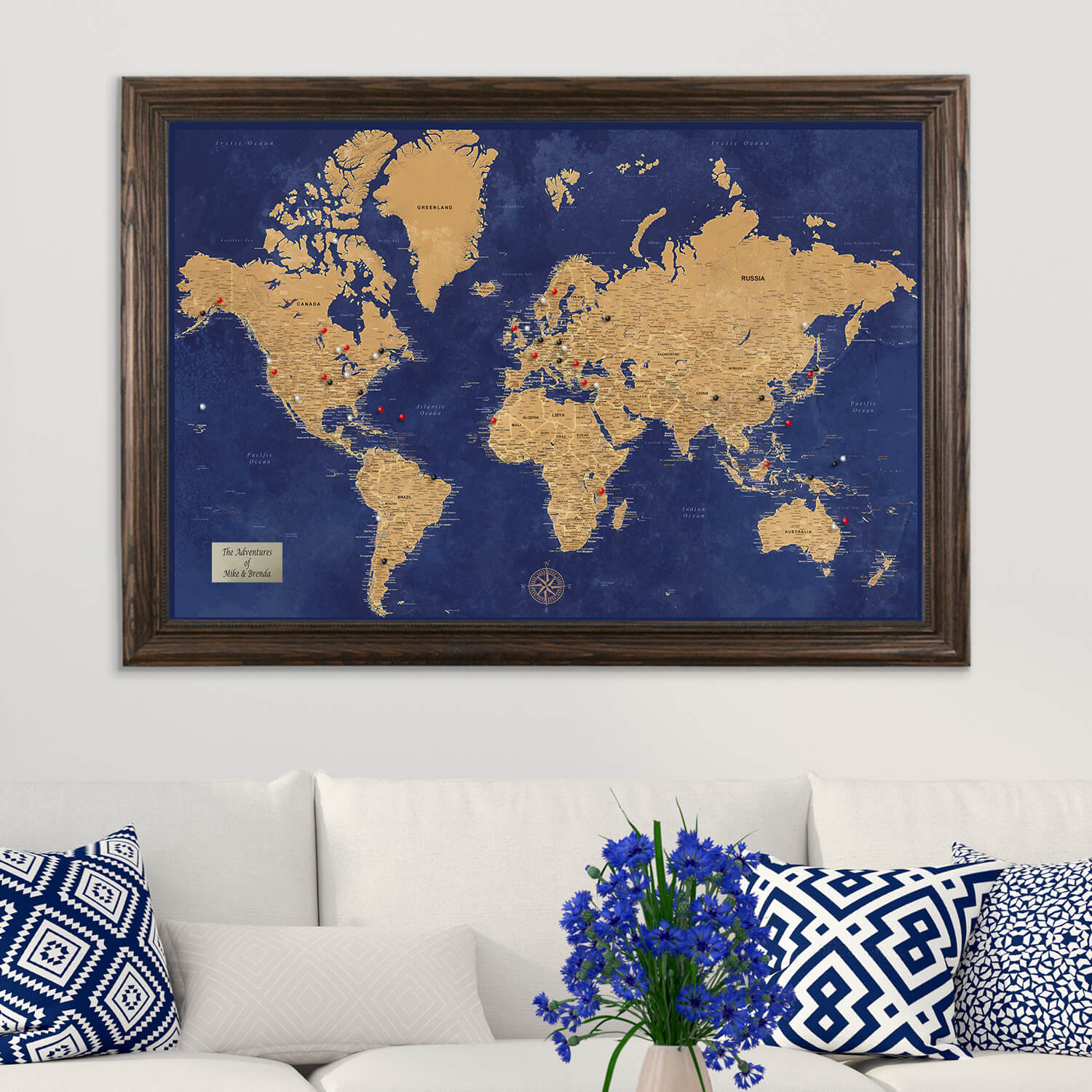 Navy and Gold World Pin Map in Solid Wood Brown Frame