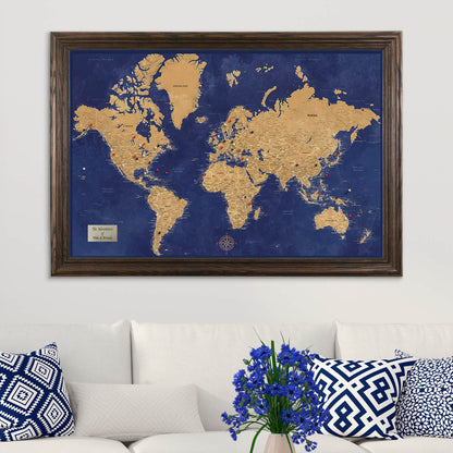 Navy and Gold World Pin Map in Solid Wood Brown Frame