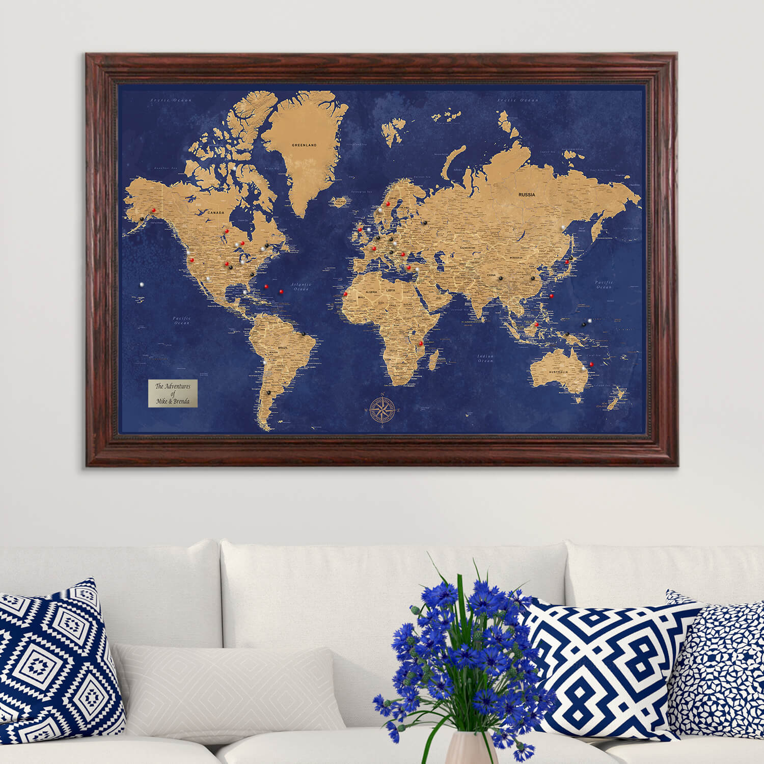 Navy and Gold World Pin Map in Solid Wood Cherry Frame