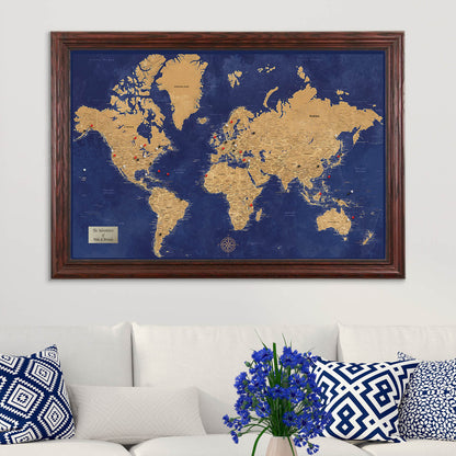 Navy and Gold World Pin Map in Solid Wood Cherry Frame