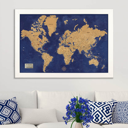 Navy and Gold World Pin Map in Textured White Frame