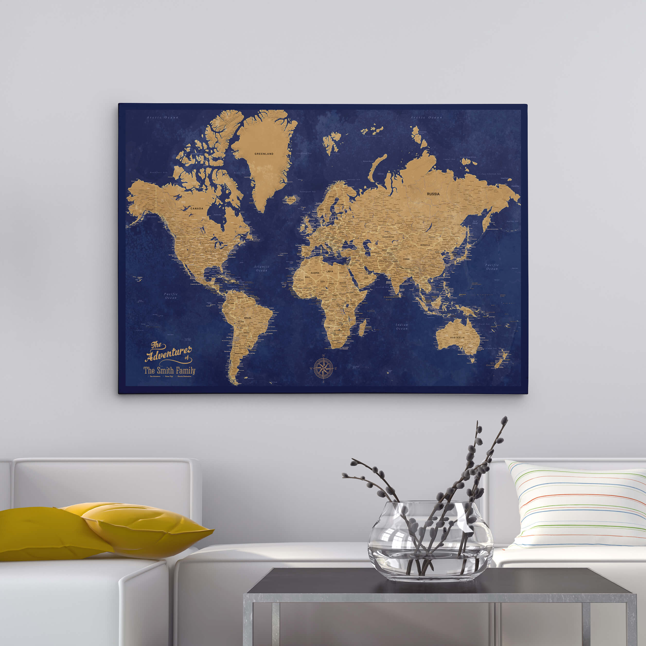 24"x36" Gold and Navy Gallery Wrapped Pinboard Map