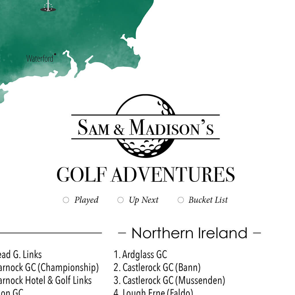 Closeup of Personalization Layout and Location on Ireland's Top Golf Courses Map