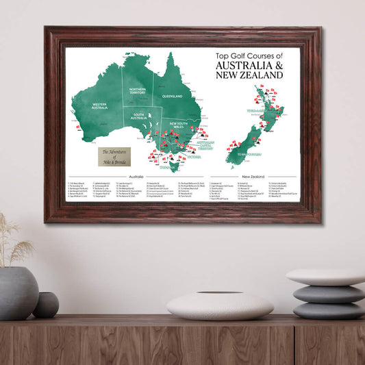 Australia's and New Zealand's Top Golf Courses Map - Framed With Pins