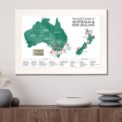 Top Golf Courses Map of New Zealand and Australia Travel Map in Textured White Frame