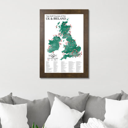 Canvas Map of Top Golf Courses of the UK & Ireland in Rustic Brown Frame