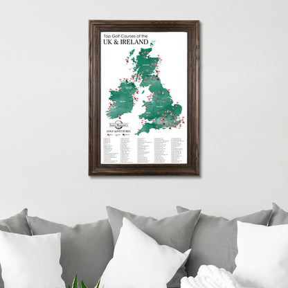 Canvas Map of Top Golf Courses of the UK & Ireland in Solid Wood Brown Frame