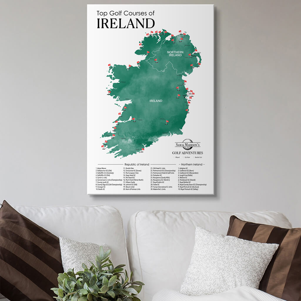 Top Golf Courses of Ireland Gallery Wrapped Canvas Map in 24x36 size