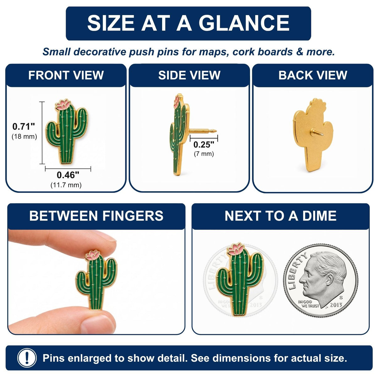 Size comparison chart showing green enamel cactus push pin dimensions held between fingers next to dime