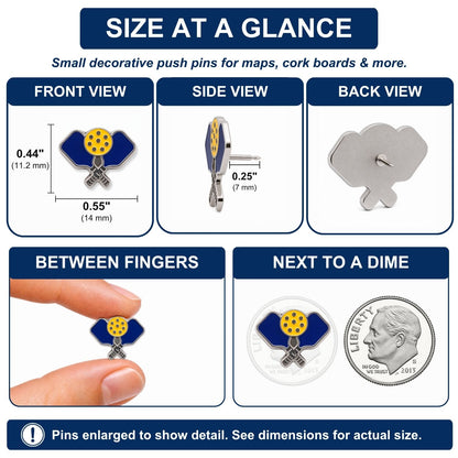 Size comparison chart showing navy blue enamel pickleball push pins measuring 0.55 inches wide next to a dime