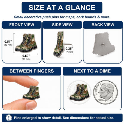 Size comparison chart showing camo combat boot push pins measuring 0.51 by 0.59 inches next to dime