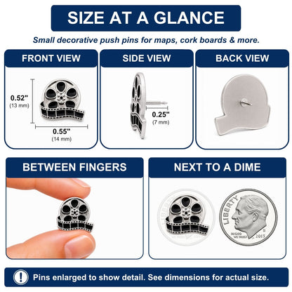 Movie reel push pin size chart showing front, side, back views with dime comparison, 14mm wide silver enamel film pin