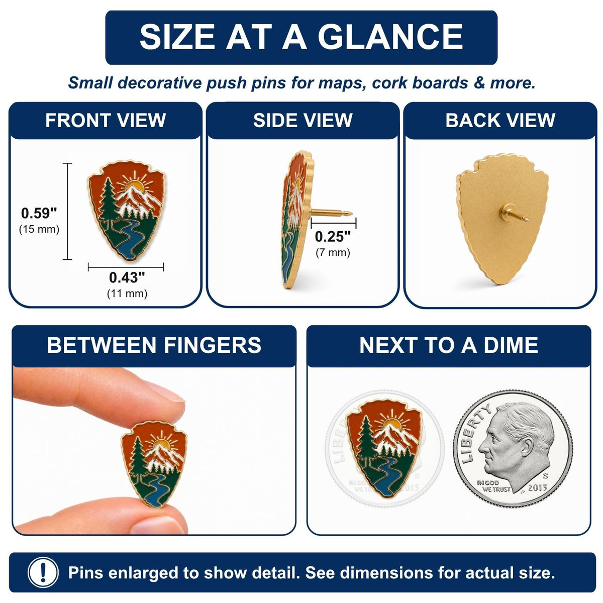Size comparison chart showing arrowhead national park enamel push pin front side back views next to dime measuring 15mm tall