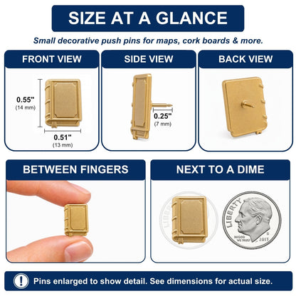 Gold book-shaped decorative push pins size comparison chart showing front, side, back views and dime scale reference