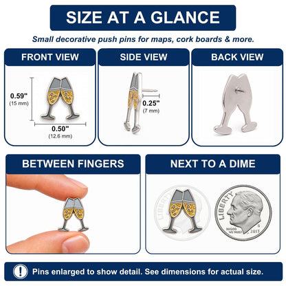 Champagne toast push pin size comparison chart showing front, side, back views and dime scale reference