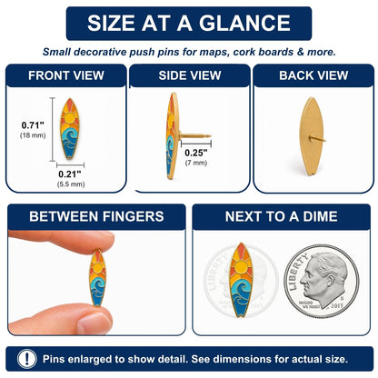Surfboard push pin size comparison chart showing front side back views and dime scale reference