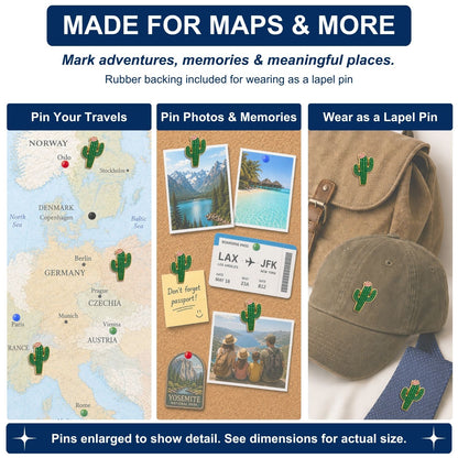 Green cactus enamel push pins marking Europe travel map, cork board photos, and worn as lapel pins on hat and bag