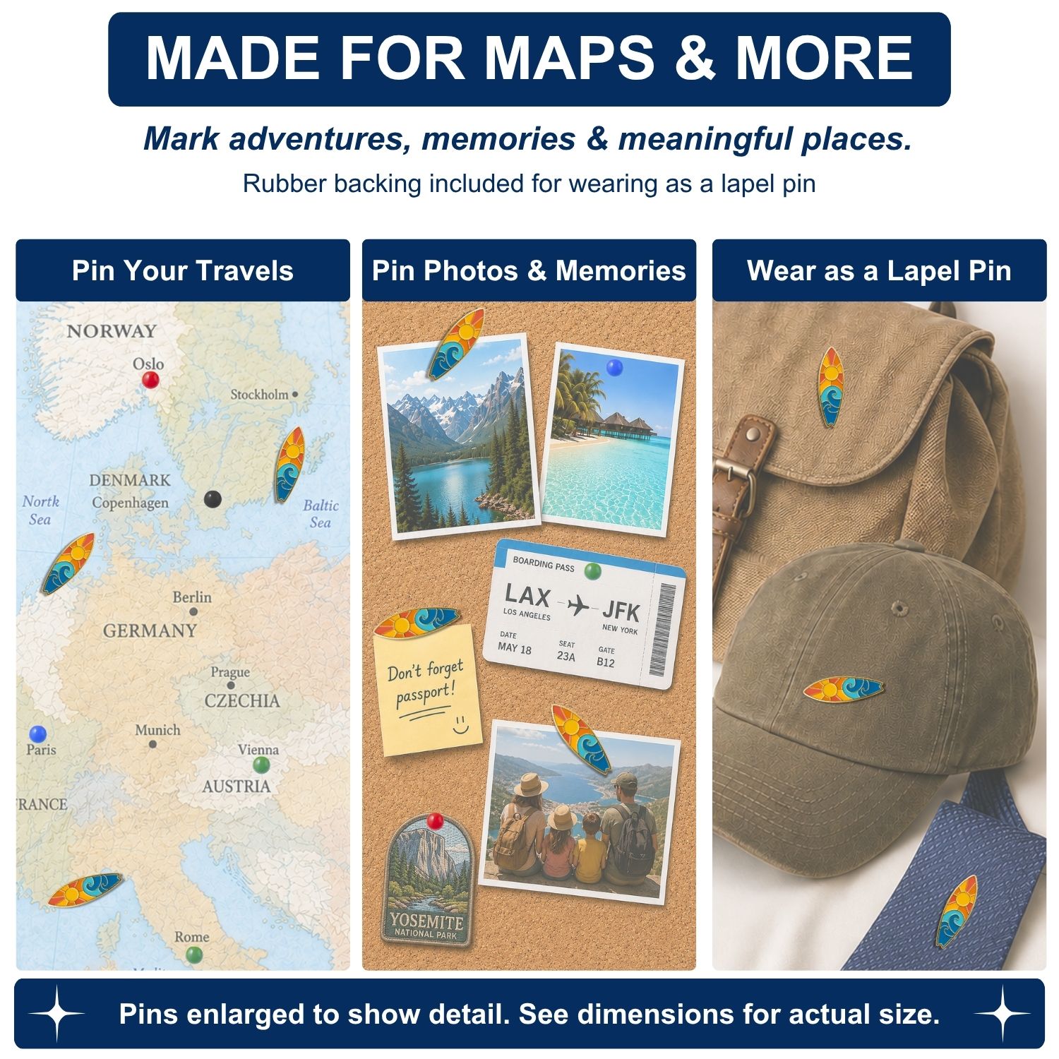 Surfboard enamel push pins used on Europe travel map, cork bulletin board, and khaki hat as lapel pin