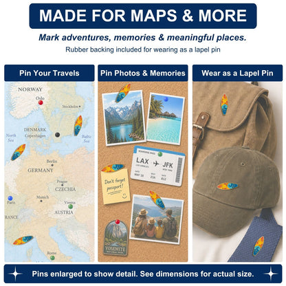 Surfboard enamel push pins used on Europe travel map, cork bulletin board, and khaki hat as lapel pin