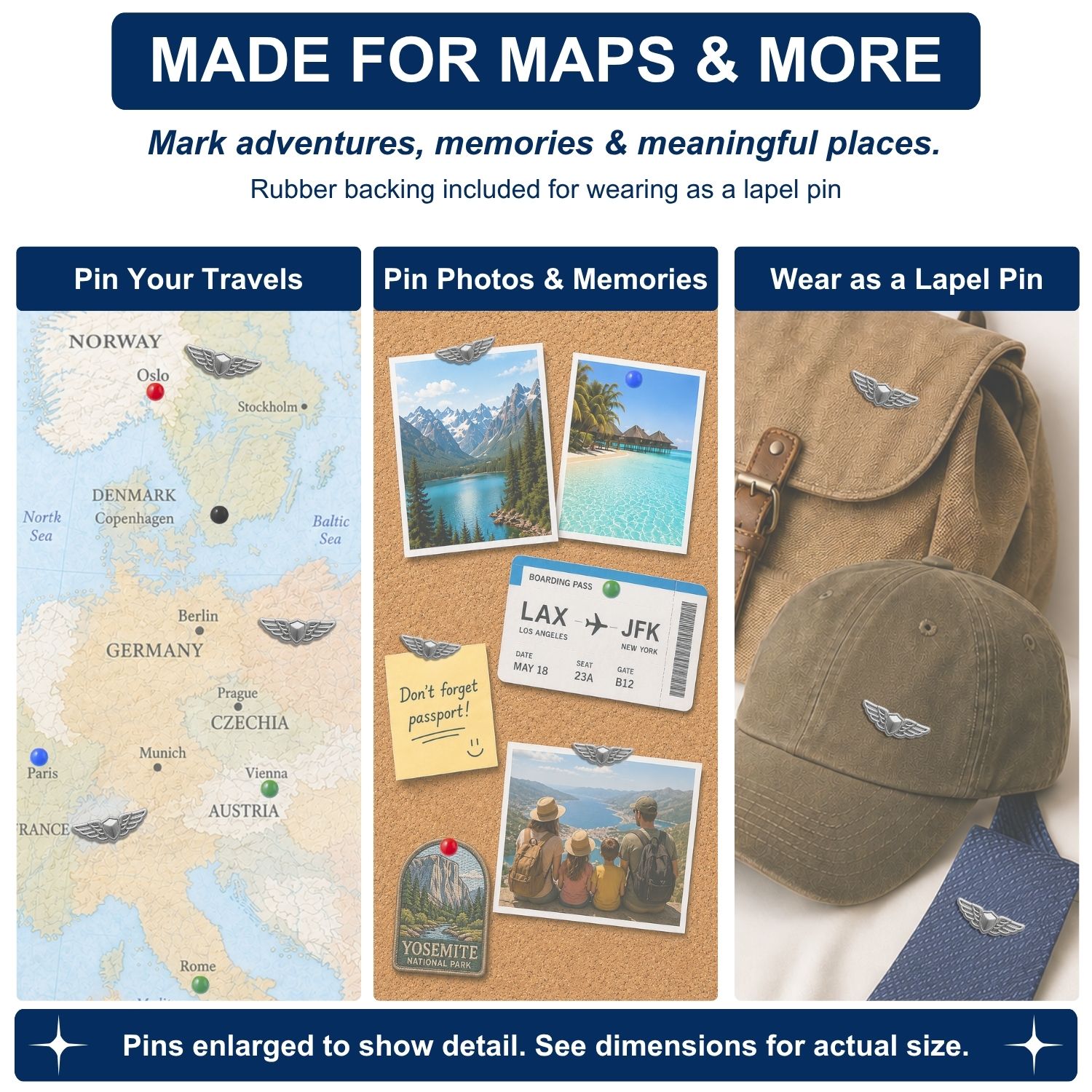 Silver pilot wings push pins used on Europe travel map, cork board photos, and khaki hat lapel pin