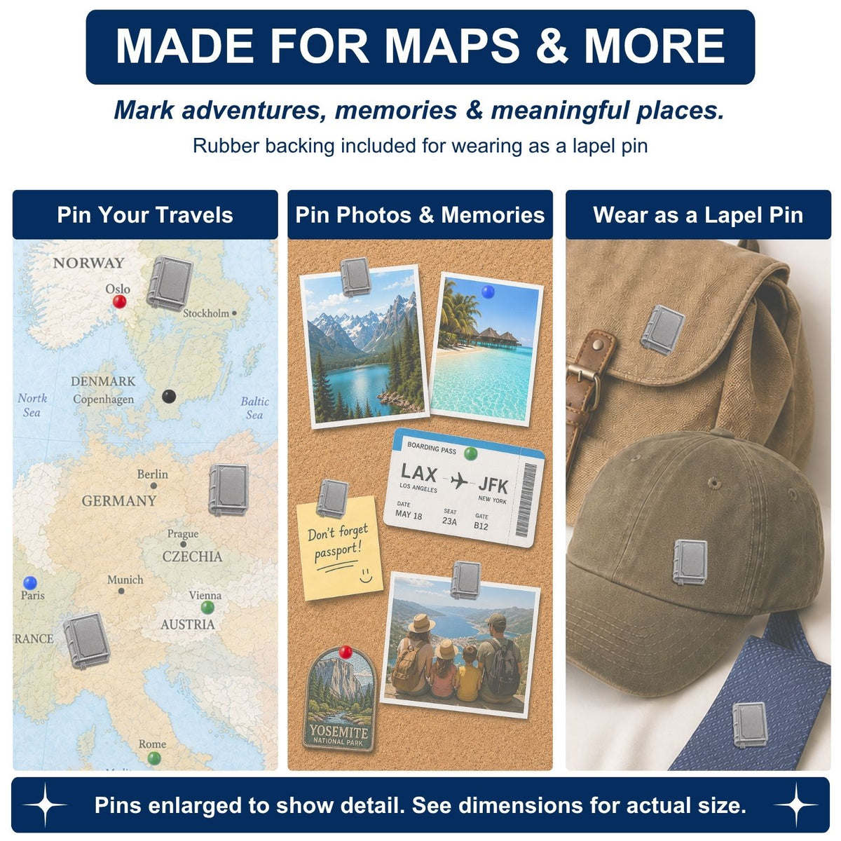 Silver book-shaped map pins marking European travel destinations on cork board and worn as lapel pin