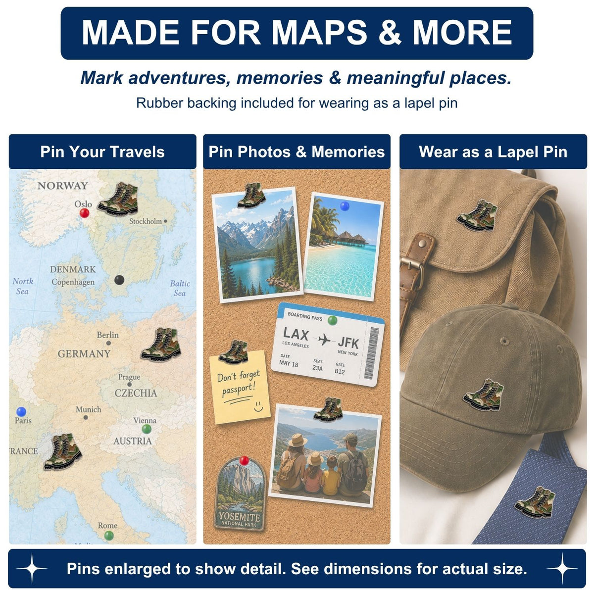 Camo combat boot push pins marking Europe travel map photos and lapel uses