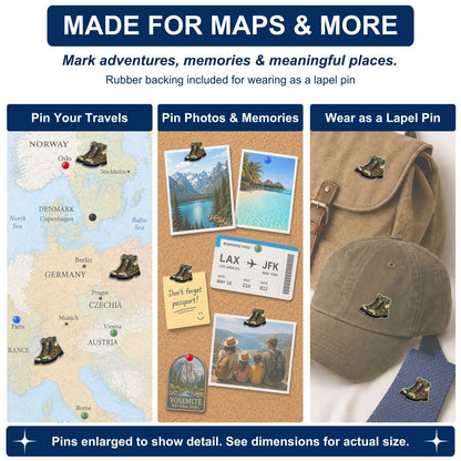 Camo combat boot push pins marking Europe travel map photos and lapel uses