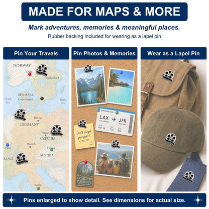 Movie reel enamel push pins used on Europe travel map, cork board, hat, and bag as lapel pins