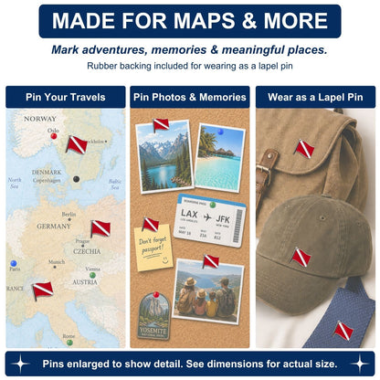 Scuba dive flag enamel push pins marking travel destinations on Europe map cork board and lapel