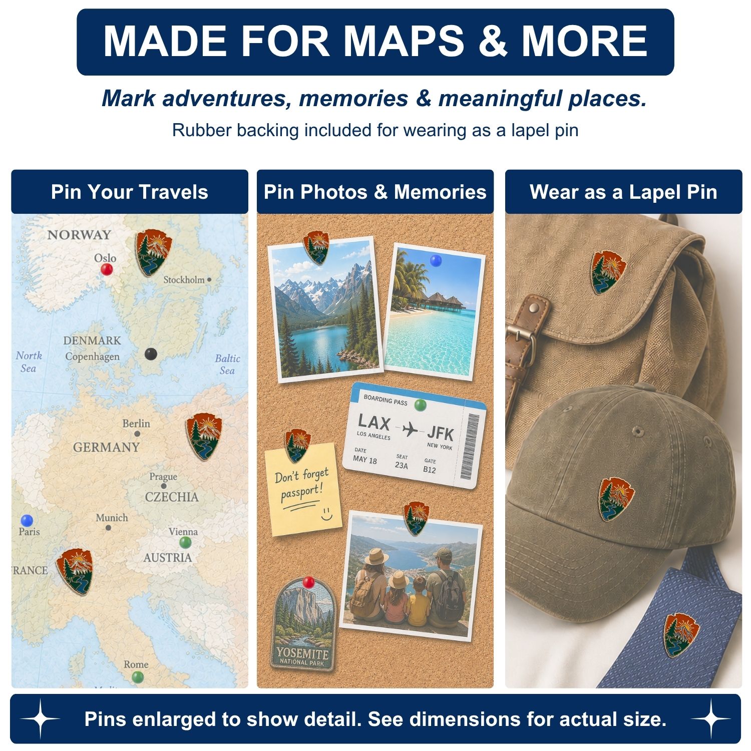National Park arrowhead enamel push pins used on Europe travel map, corkboard, hat, and bag