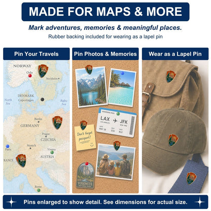 National Park arrowhead enamel push pins used on Europe travel map, corkboard, hat, and bag