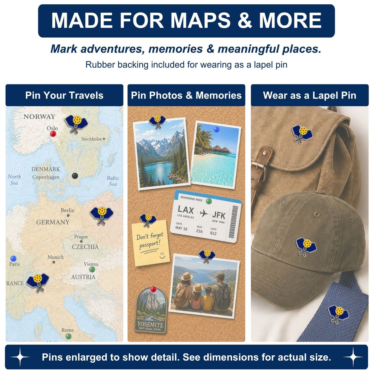 Pickleball push pins marking Europe travel map cork board photos and khaki hat bag lapel uses