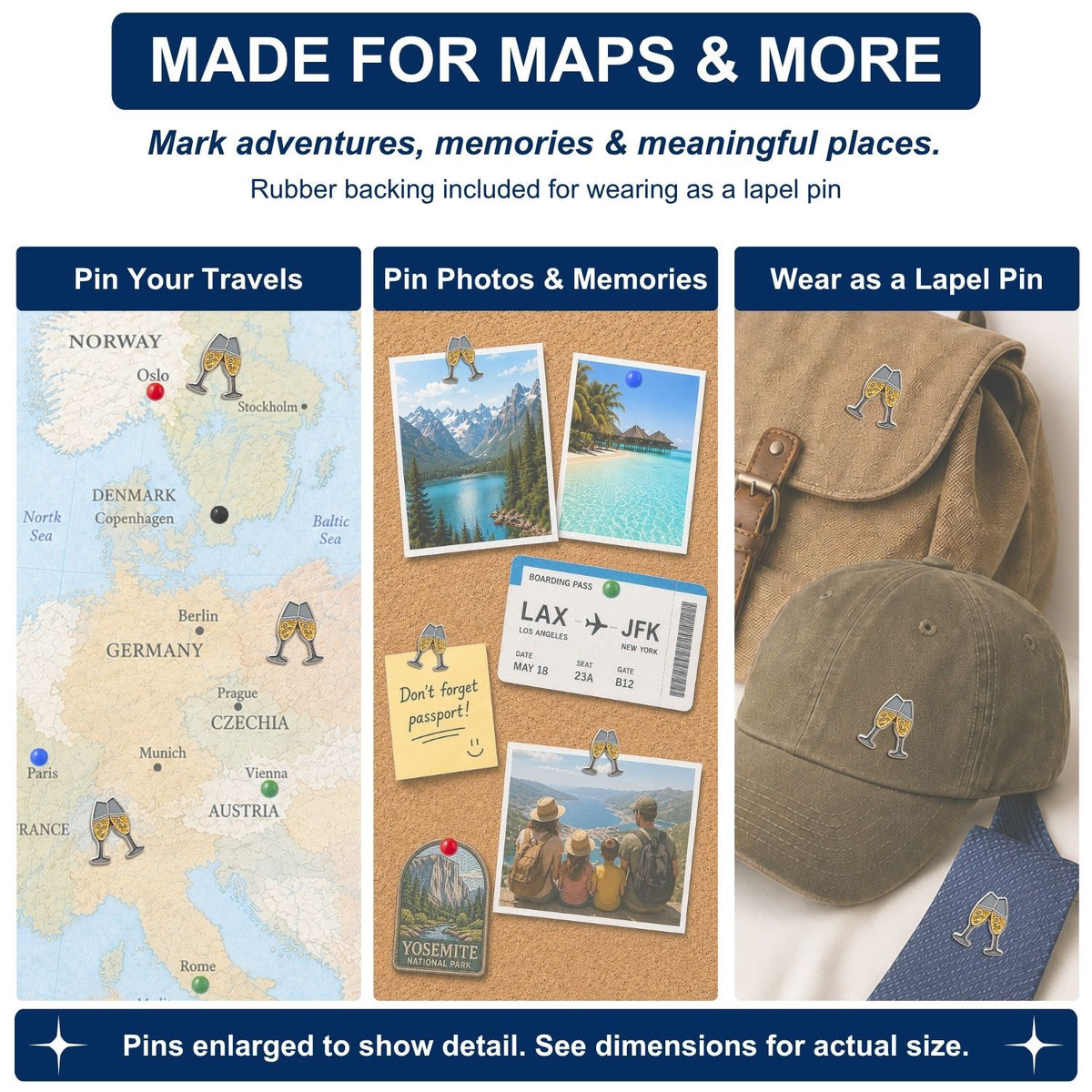 Champagne glasses enamel push pins used on Europe travel map cork board and khaki hat bag