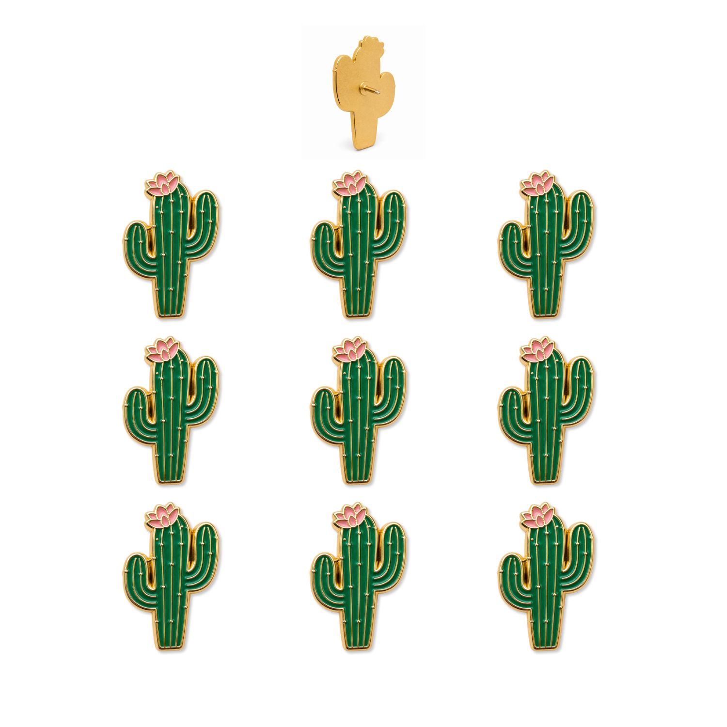 Nine green gold-rimmed cactus enamel push pins with pink blooms shown front and back view