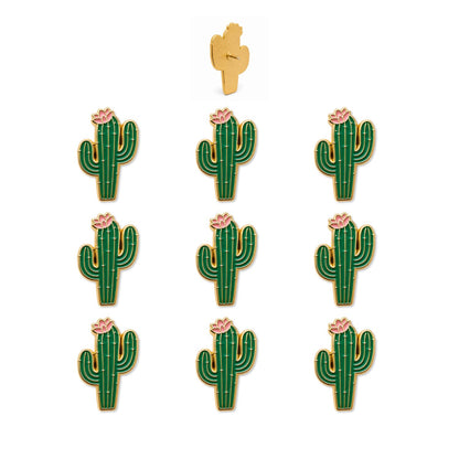 Nine green gold-rimmed cactus enamel push pins with pink blooms shown front and back view