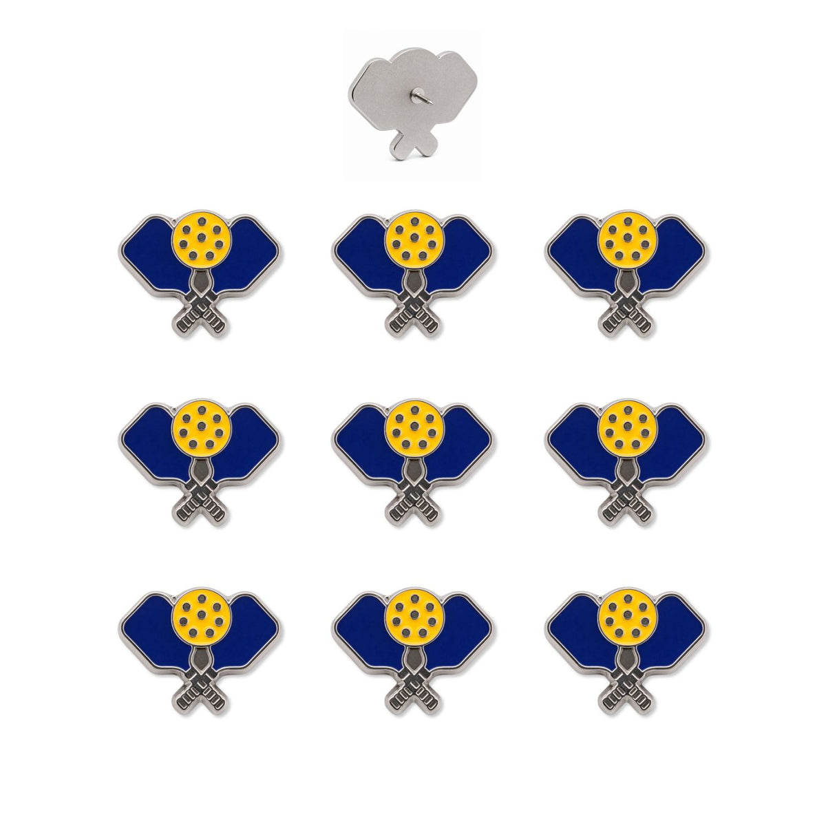 Set of nine navy blue enamel pickleball paddle push pins with yellow ball detail and silver backs